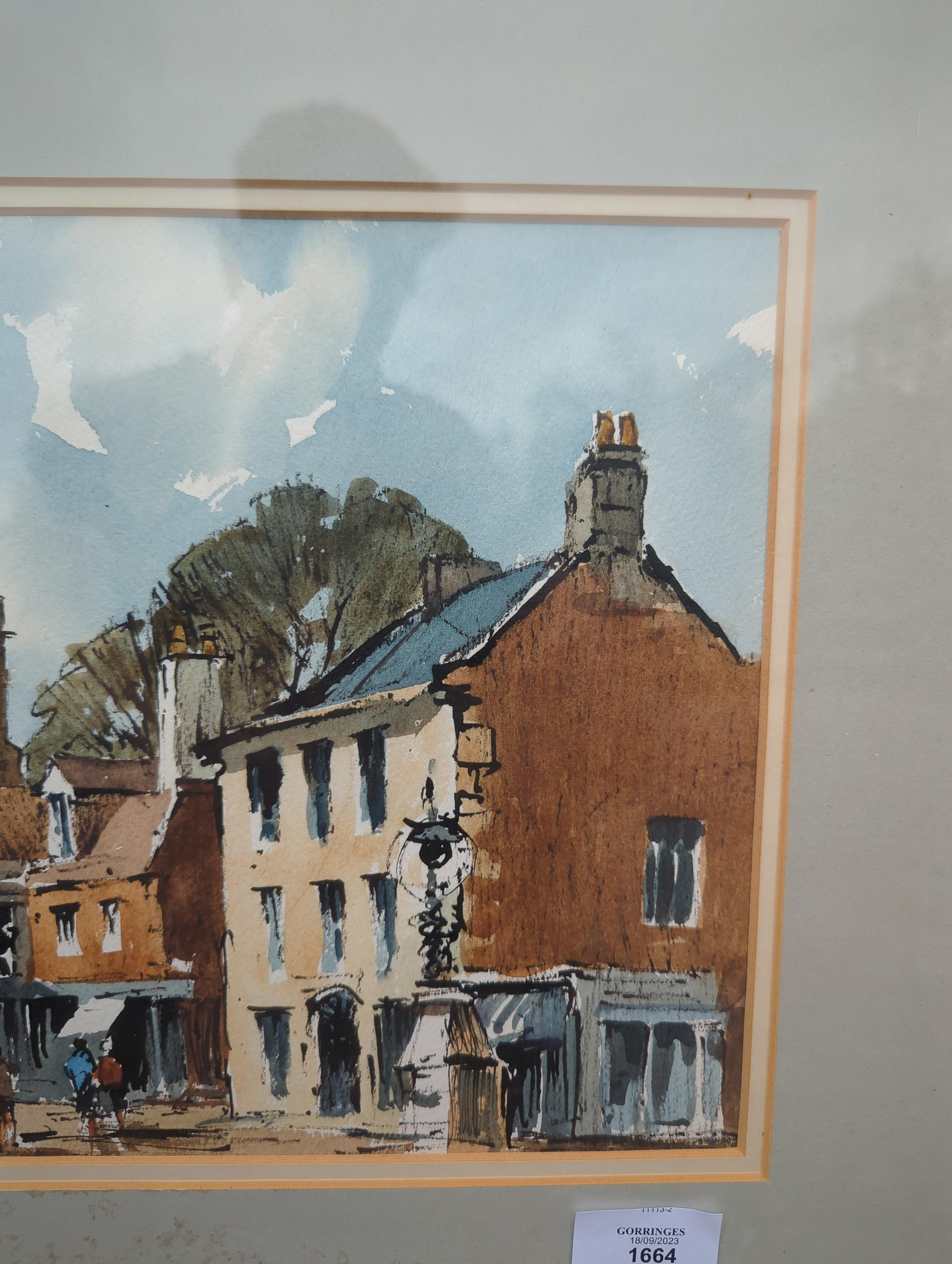 Edward Wesson (1910-1983) watercolour, 'A view of Uppingham, Northamptonshire', signed, various stamps and Gallery Thirty Three label verso, 34 x 24cm